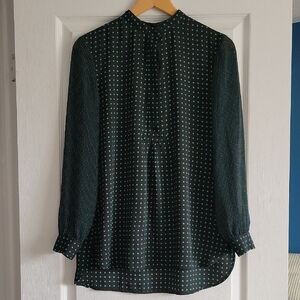 Anne Klein Black w Green Polka Dots Madarin Collar Sheer Sleeve Blouse